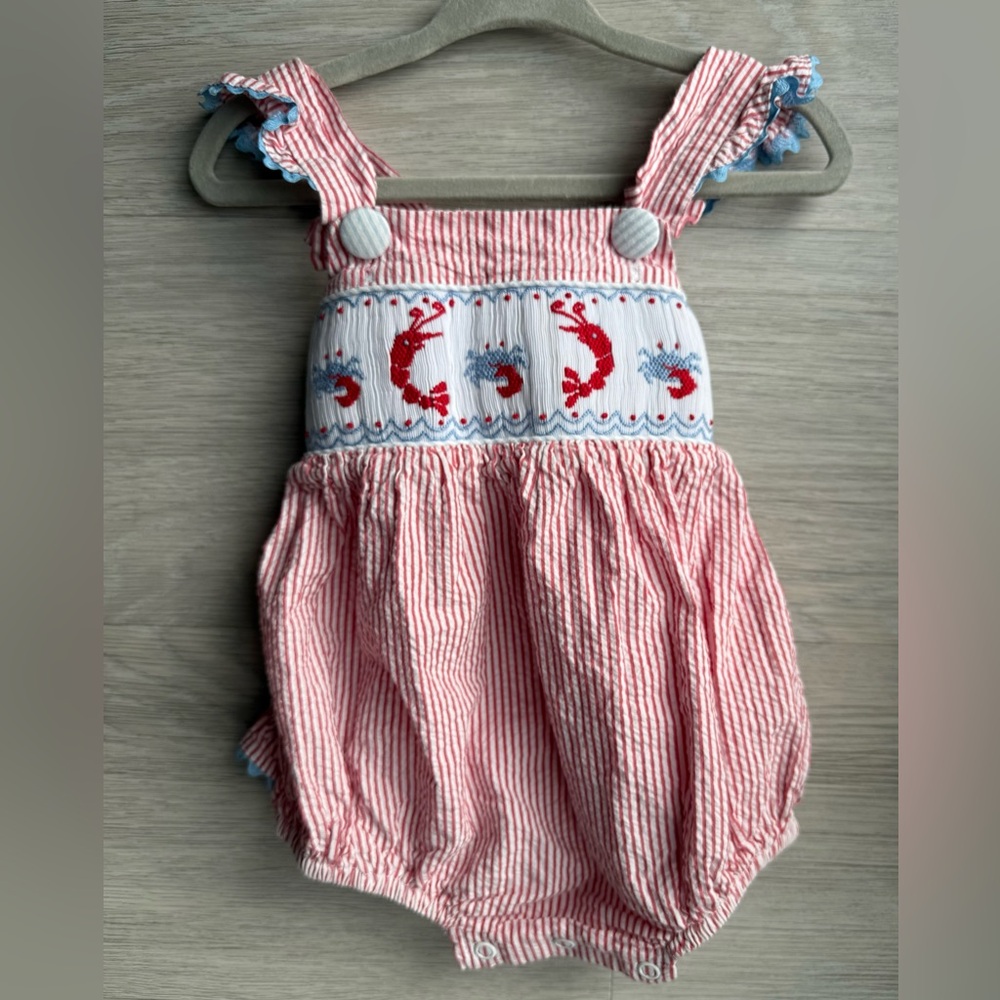 Bubble 9m| Shrimp & Grits baby red strip cotton smocked lobster w/ruffle straps.
